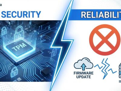 Split-screen visualization showing TPM security chip versus firmware update errors