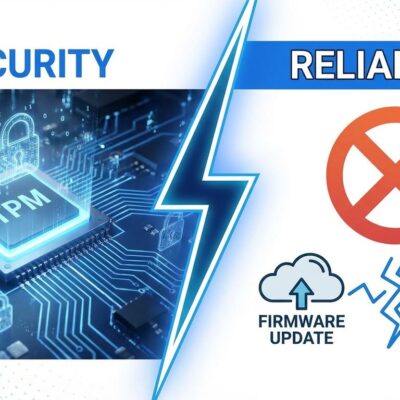 Split-screen visualization showing TPM security chip versus firmware update errors