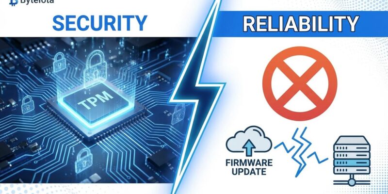 Split-screen visualization showing TPM security chip versus firmware update errors
