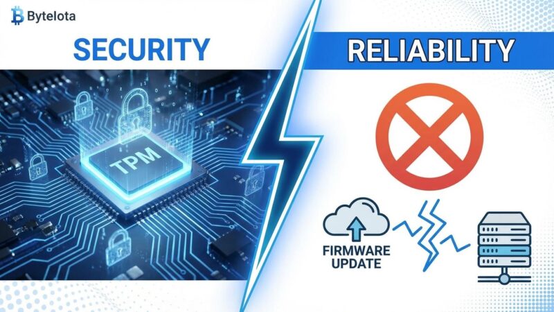 Split-screen visualization showing TPM security chip versus firmware update errors