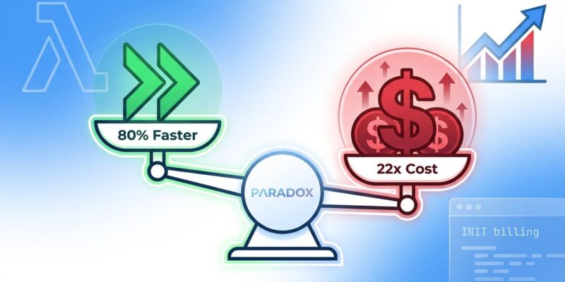 AWS Lambda cost paradox visualization showing 80% speed improvement vs 22x cost increase from INIT billing, with balanced scale tipping toward costs