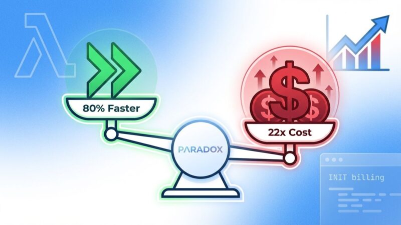 AWS Lambda cost paradox visualization showing 80% speed improvement vs 22x cost increase from INIT billing, with balanced scale tipping toward costs