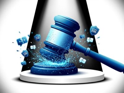 Legal gavel representing Character.AI and Google settlement for AI chatbot death lawsuits with Section 230 legal shield symbols breaking apart
