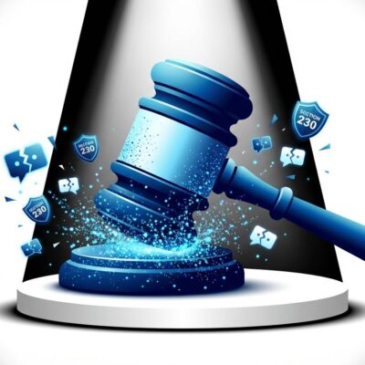 Legal gavel representing Character.AI and Google settlement for AI chatbot death lawsuits with Section 230 legal shield symbols breaking apart