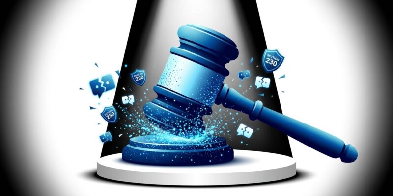 Legal gavel representing Character.AI and Google settlement for AI chatbot death lawsuits with Section 230 legal shield symbols breaking apart