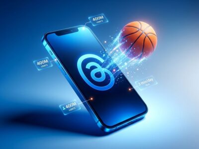 Smartphone showing Threads logo with basketball game emerging from screen, surrounded by engagement metrics visualization
