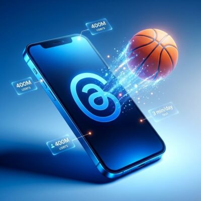 Smartphone showing Threads logo with basketball game emerging from screen, surrounded by engagement metrics visualization