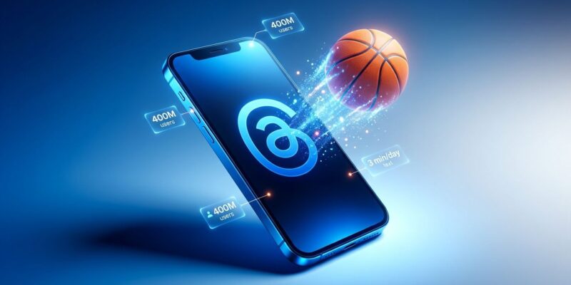 Smartphone showing Threads logo with basketball game emerging from screen, surrounded by engagement metrics visualization
