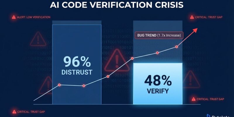 Dashboard showing 96% distrust AI code but only 48% verify it - the AI code verification crisis