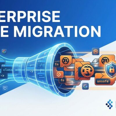 Enterprise code migration from C++ to Rust with security visualization, featuring Microsoft, Google, and Meta transformation