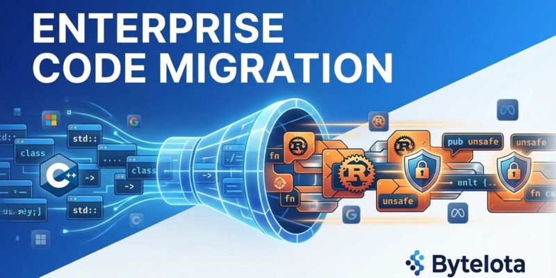 Enterprise code migration from C++ to Rust with security visualization, featuring Microsoft, Google, and Meta transformation