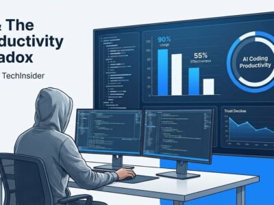 AI coding productivity gap visualization showing 90% usage vs 55% effectiveness with developer metrics