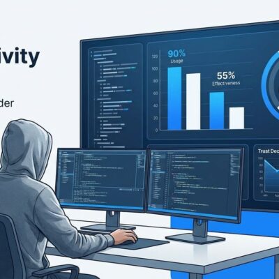AI coding productivity gap visualization showing 90% usage vs 55% effectiveness with developer metrics