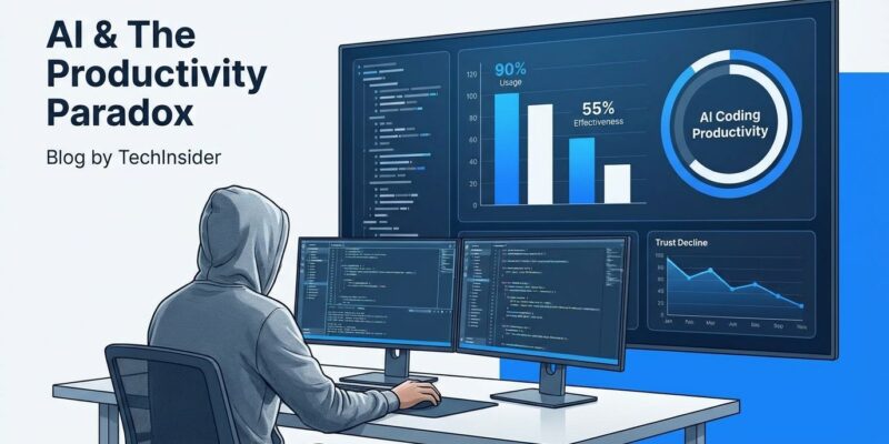 AI coding productivity gap visualization showing 90% usage vs 55% effectiveness with developer metrics