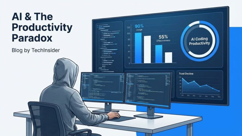 AI coding productivity gap visualization showing 90% usage vs 55% effectiveness with developer metrics