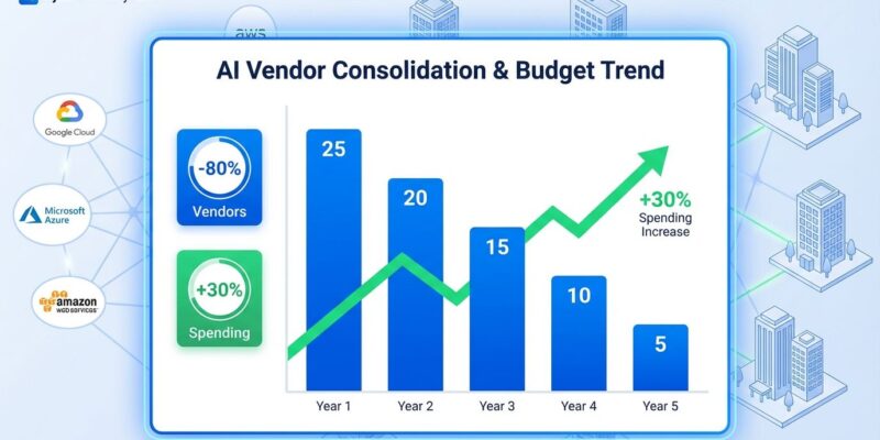 Data visualization dashboard showing AI enterprise vendor consolidation with descending bars and platform dominance diagram