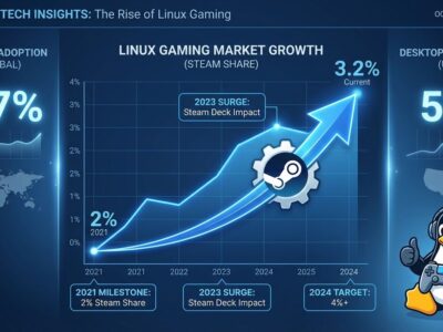 Data visualization showing Linux gaming market growth from 2% to 3.2% on Steam with desktop adoption metrics