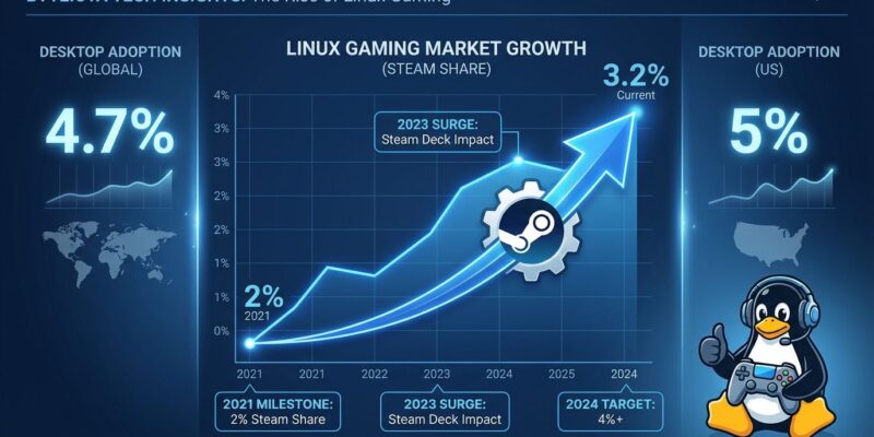 Data visualization showing Linux gaming market growth from 2% to 3.2% on Steam with desktop adoption metrics