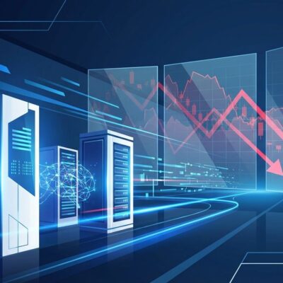 Futuristic AI data center with blue neural networks representing DeepSeek R1's breakthrough, contrasted with declining market chart symbolizing Nvidia's loss