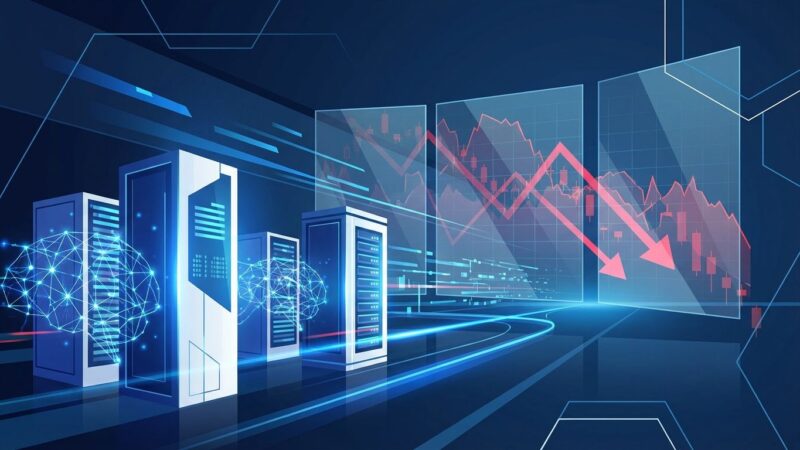 Futuristic AI data center with blue neural networks representing DeepSeek R1's breakthrough, contrasted with declining market chart symbolizing Nvidia's loss