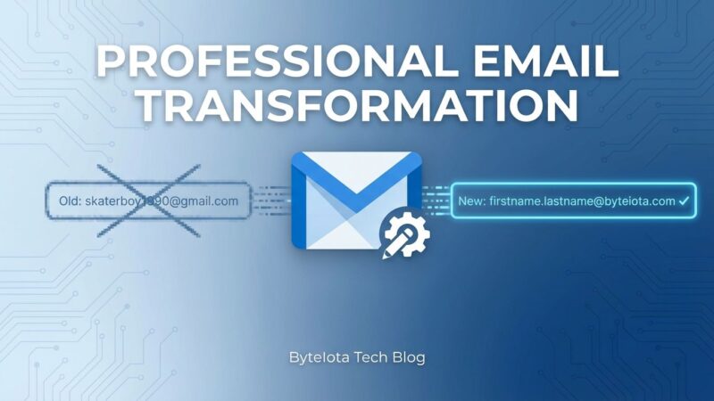 Gmail address change feature showing transformation from old to professional email address with ByteIota blue and white colors