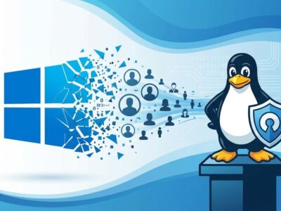 Windows logo fragmenting with Linux penguin and migrating users representing the Windows to Linux exodus in 2026