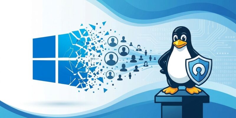 Windows logo fragmenting with Linux penguin and migrating users representing the Windows to Linux exodus in 2026
