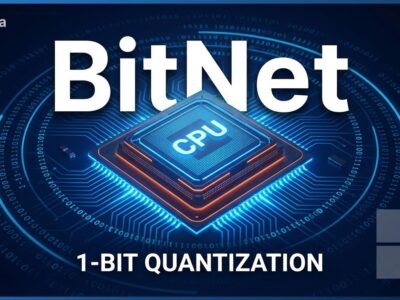 Futuristic CPU chip with glowing blue circuits representing BitNet 1-bit LLM quantization technology