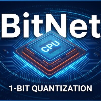 Futuristic CPU chip with glowing blue circuits representing BitNet 1-bit LLM quantization technology