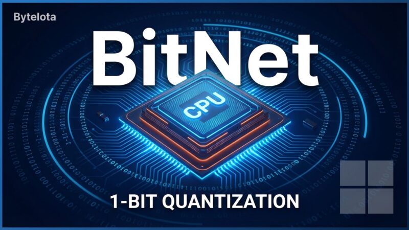 Futuristic CPU chip with glowing blue circuits representing BitNet 1-bit LLM quantization technology