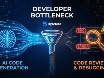 Split-screen visualization showing AI code generation speed versus slow verification process, with bottleneck funnel in center