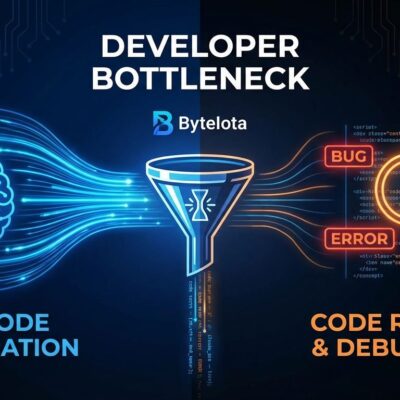 Split-screen visualization showing AI code generation speed versus slow verification process, with bottleneck funnel in center