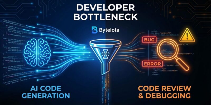 Split-screen visualization showing AI code generation speed versus slow verification process, with bottleneck funnel in center