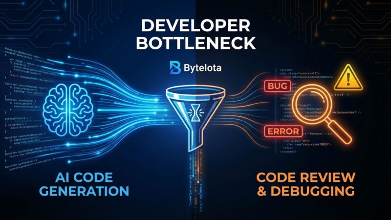 Split-screen visualization showing AI code generation speed versus slow verification process, with bottleneck funnel in center