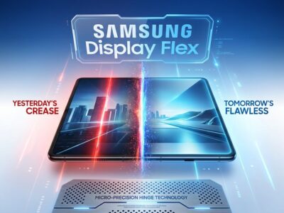 Samsung creaseless foldable display comparison showing Galaxy Z Fold 7 with crease vs new creaseless display technology