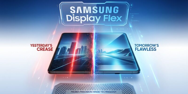 Samsung creaseless foldable display comparison showing Galaxy Z Fold 7 with crease vs new creaseless display technology