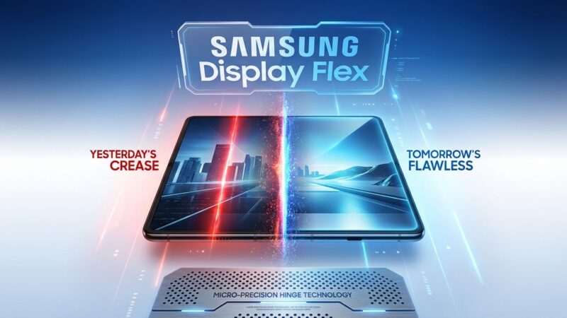 Samsung creaseless foldable display comparison showing Galaxy Z Fold 7 with crease vs new creaseless display technology