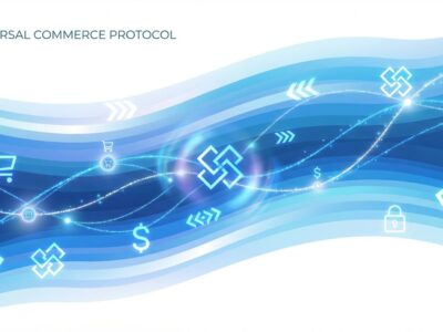 Abstract visualization of Universal Commerce Protocol with flowing data streams and commerce iconography representing AI shopping agents