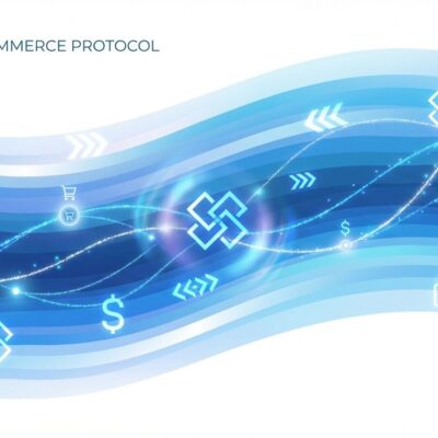 Abstract visualization of Universal Commerce Protocol with flowing data streams and commerce iconography representing AI shopping agents