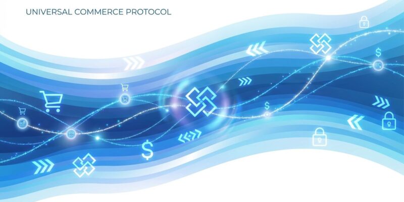 Abstract visualization of Universal Commerce Protocol with flowing data streams and commerce iconography representing AI shopping agents