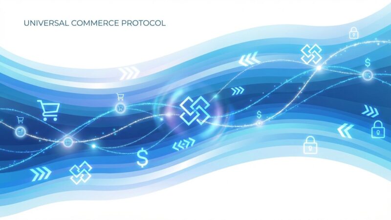 Abstract visualization of Universal Commerce Protocol with flowing data streams and commerce iconography representing AI shopping agents