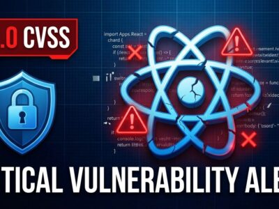 React2Shell vulnerability CVE-2025-55182 critical security alert with broken React logo and red warning symbols