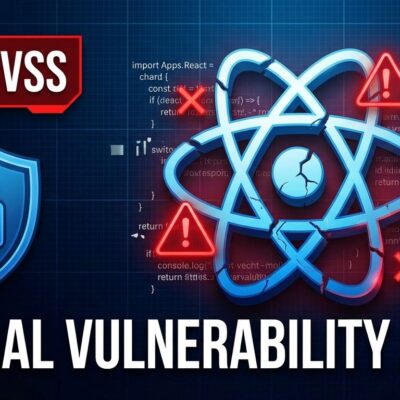 React2Shell vulnerability CVE-2025-55182 critical security alert with broken React logo and red warning symbols