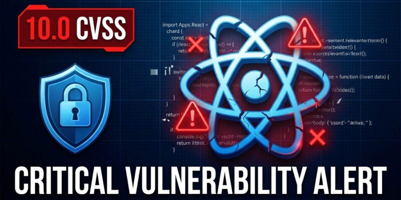 React2Shell vulnerability CVE-2025-55182 critical security alert with broken React logo and red warning symbols