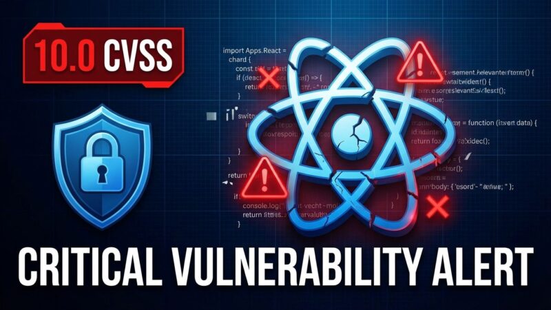 React2Shell vulnerability CVE-2025-55182 critical security alert with broken React logo and red warning symbols
