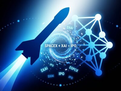 SpaceX rocket merging with AI neural network visualization showing .5 trillion IPO merger announcement