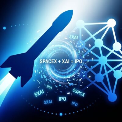 SpaceX rocket merging with AI neural network visualization showing .5 trillion IPO merger announcement
