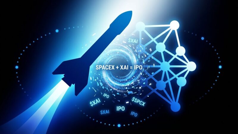 SpaceX rocket merging with AI neural network visualization showing .5 trillion IPO merger announcement
