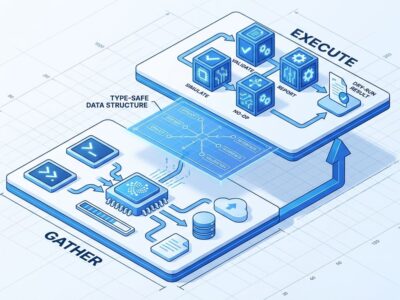 Isometric 3D illustration showing gather and execute architectural pattern for dry-run implementation with type-safe data flow