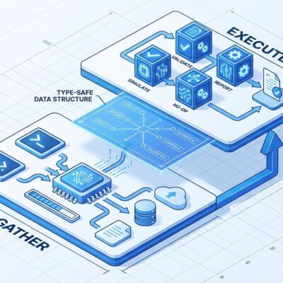 Isometric 3D illustration showing gather and execute architectural pattern for dry-run implementation with type-safe data flow